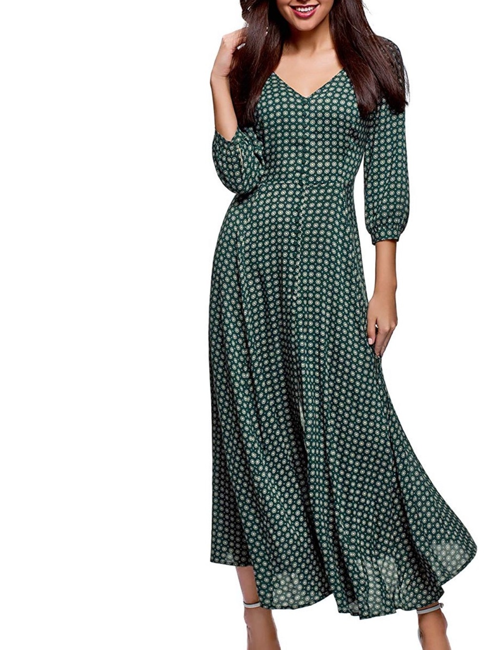 Oodji Green Printed V-Neck Maxi Dress with Three-Quarter Sleeves